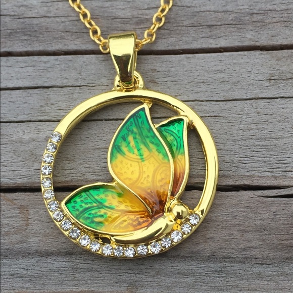 Jewelry - Crystal Butterfly gold enamel pendant necklace
